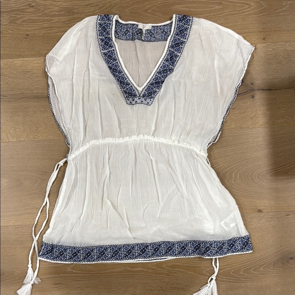 White Joie Beach Cover-Up with Blue Embroidery